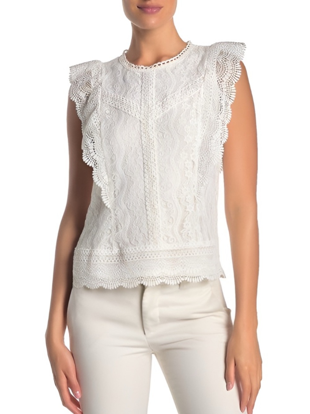 ADRIANNA PAPELL Scalloped Lace Ruffle Sleeveless Blouse in White XL